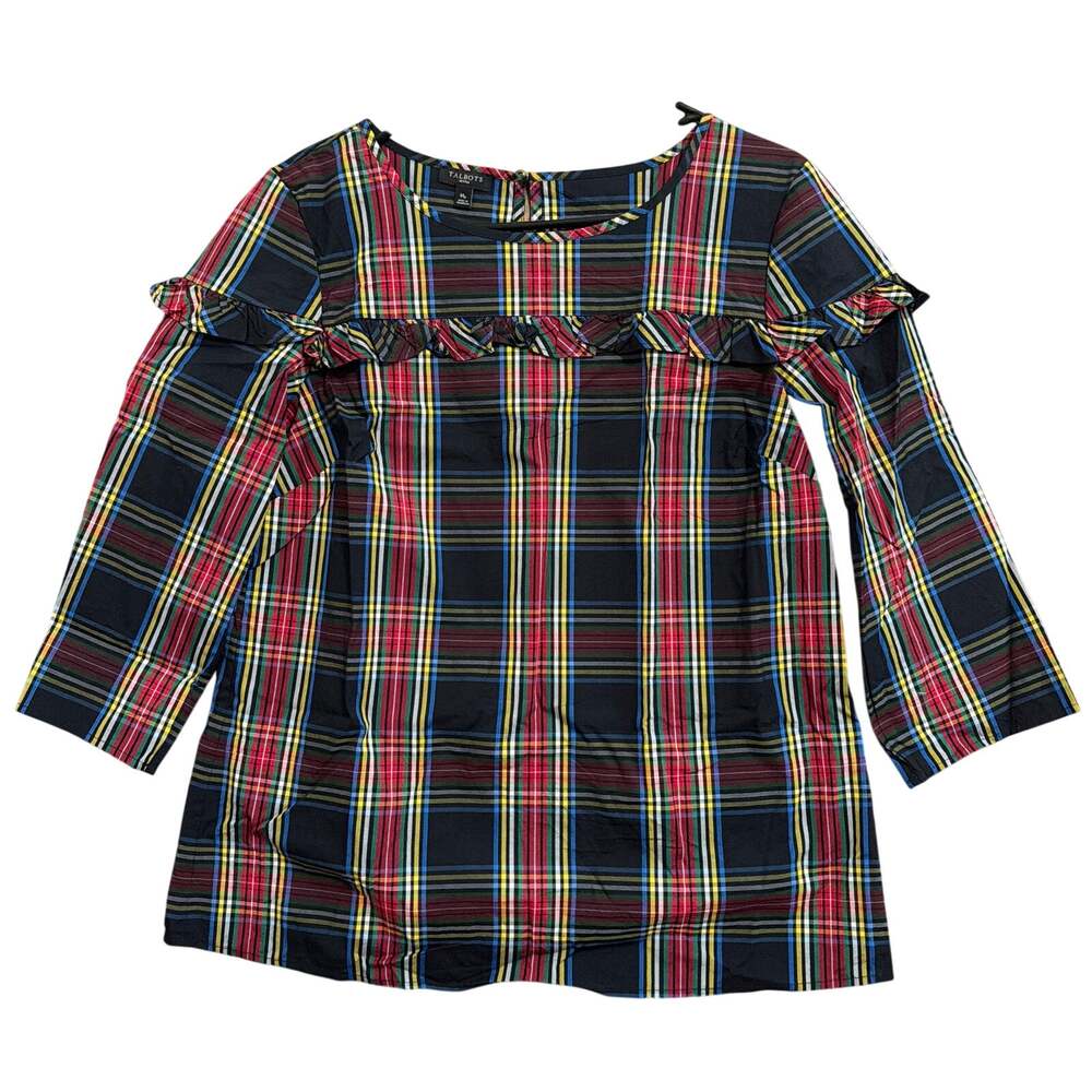 Talbots Womens Shirt Navy Multicolor Plaid Petite Ruffle 3/4 Sleeve Stretch PM